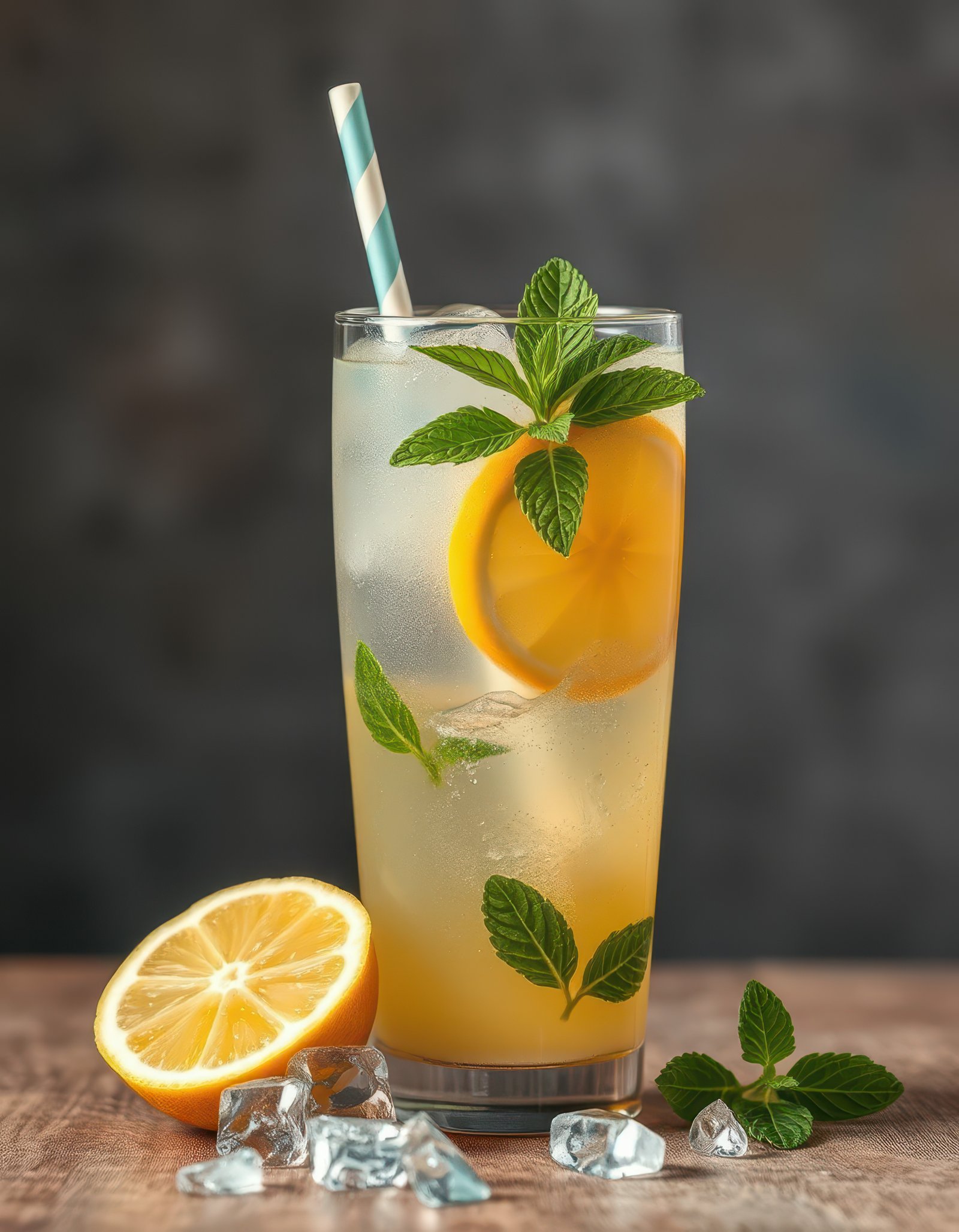 Refreshing lemonade with mint and lemon garnishes served in a tall glass on a rustic table